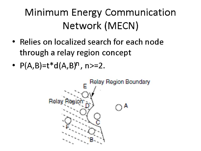 Minimum Energy Communication Network (MECN) Relies on localized search for each node through a